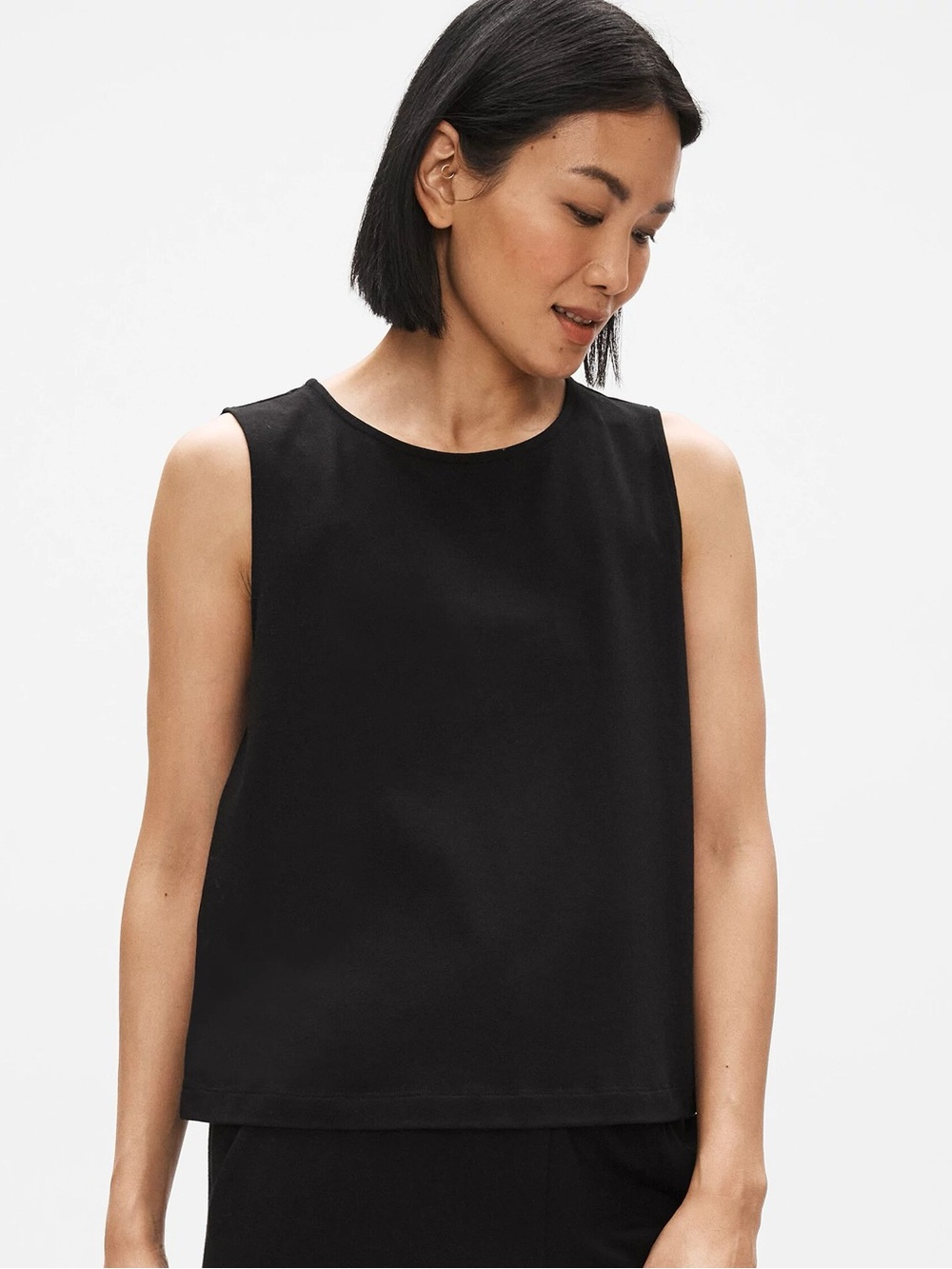 Eileen Fisher Organic Cotton Jersey Tank Top Black Boxy Stretch Minimalist XS